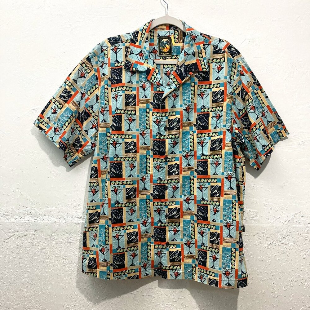 KOKO Island Hawaiian Men's Button Up Shirt Martini Cocktail Beach Resort Multi L